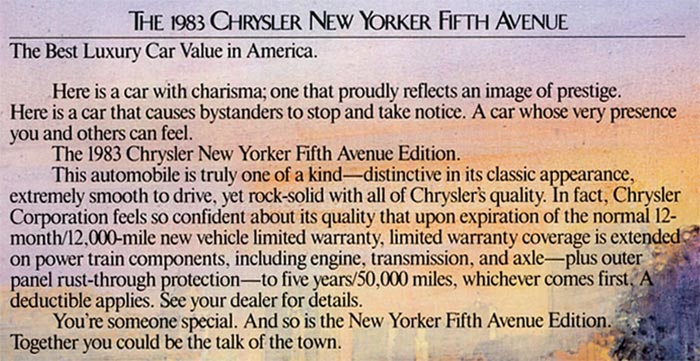 1983 Chrysler New Yorker Fifth Avenue advertising copy