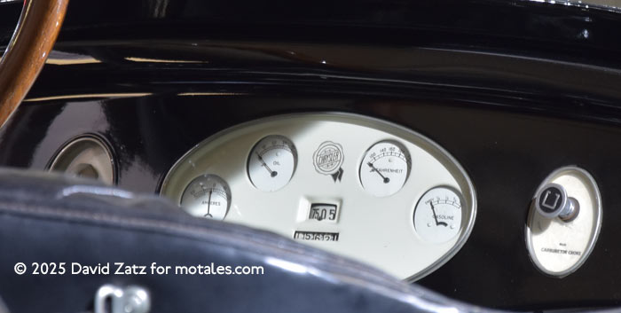 closeup of 1924 Chrysler B-70 car gauges and choke