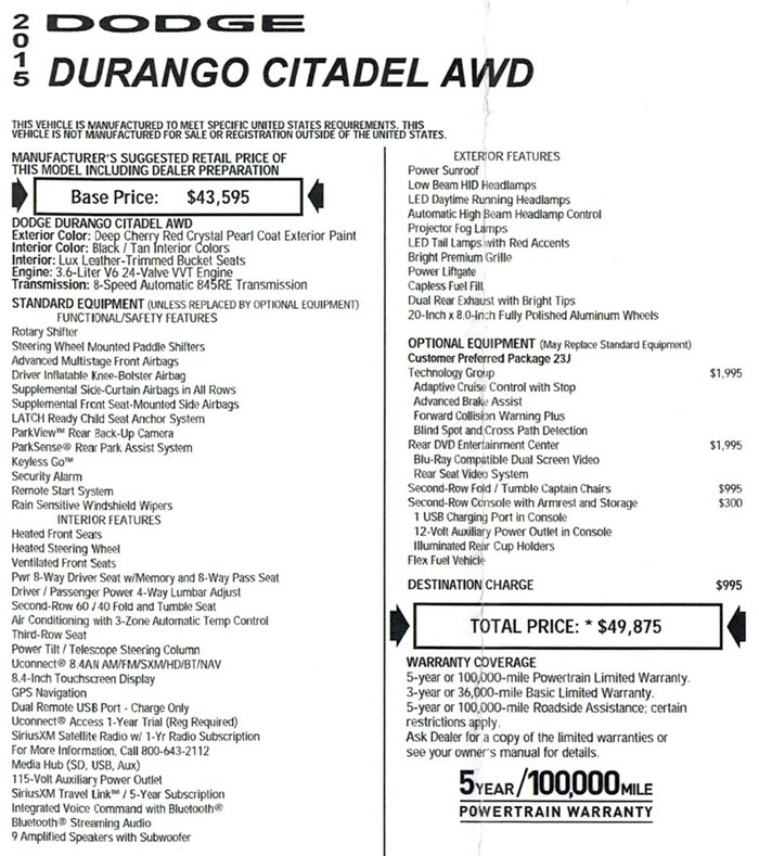 Dodge Durango sticker price