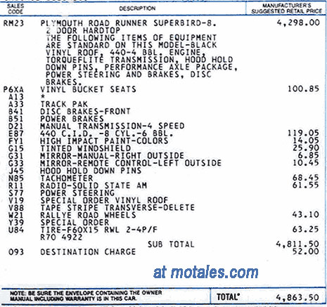 Plymouth Superbird invoice