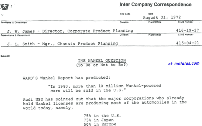 Wankel memo at Chrysler (1972)