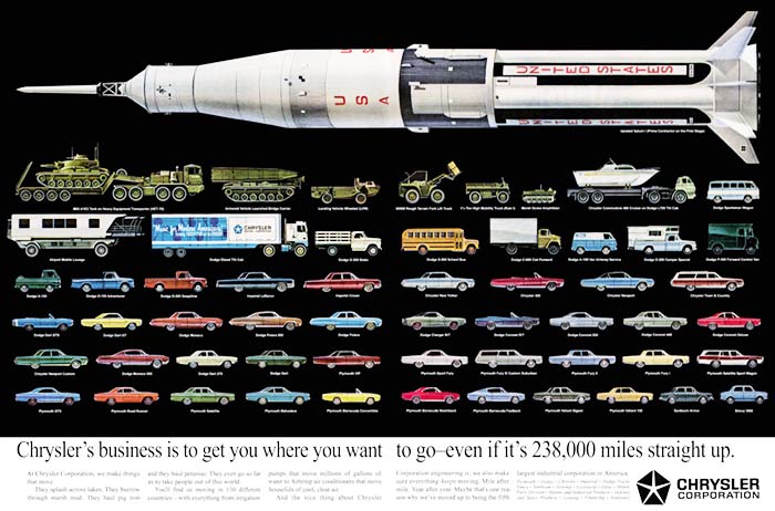 Chrysler 1968 moon rocket and cars ad