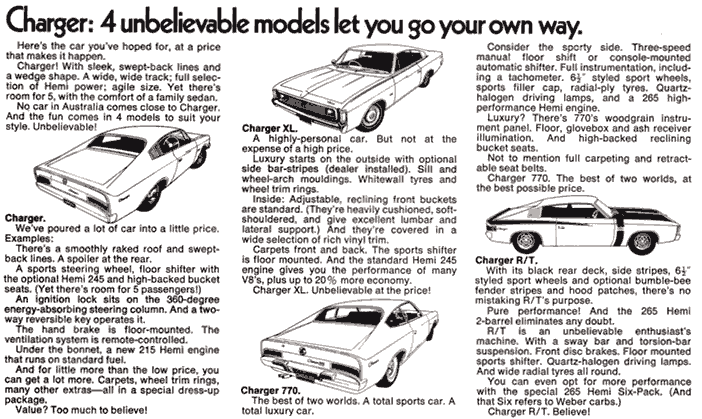 Four Chrysler Vaiant Charger models