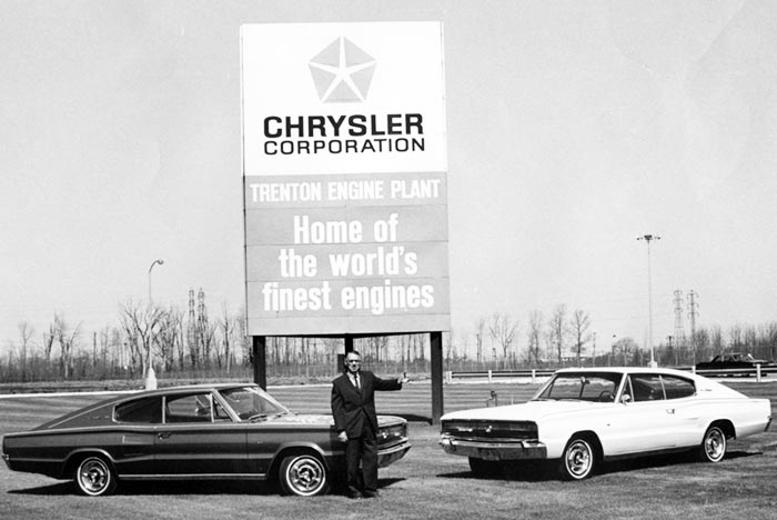 Chrysler Trenton Engine Plant sign with two Dodge Chargers
