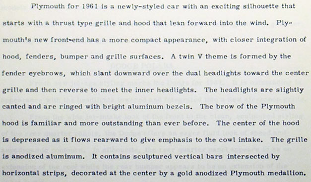 1961 Plymouth press release