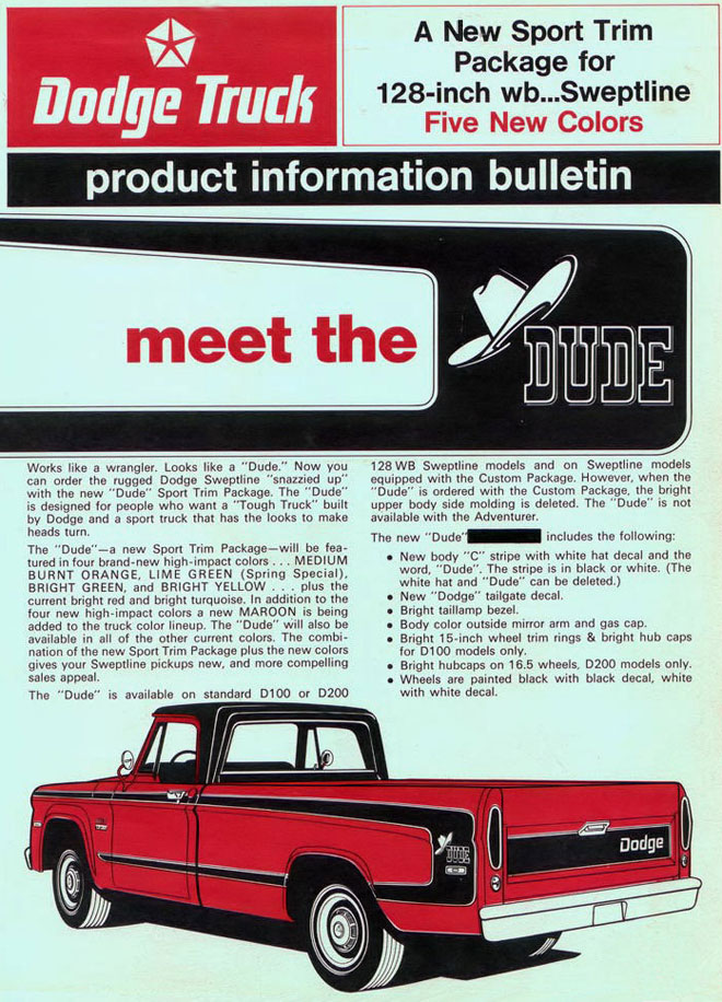 Dodge D100-D200 pickup truck bulletin for The Dude