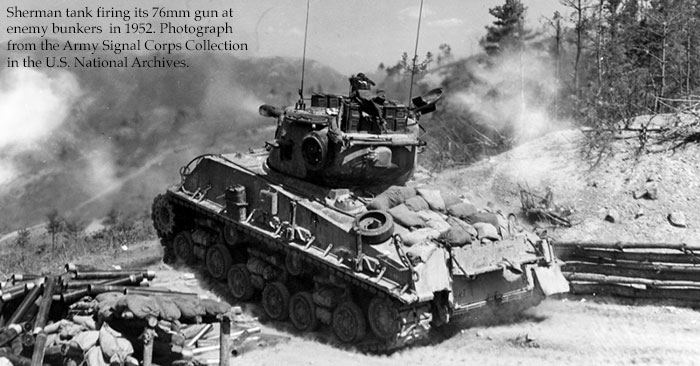 Sherman tank in action, Korean war